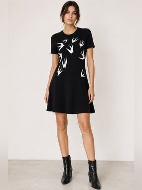 Alexander McQueen Black Wool Swallow Bird Knit Dress Short Sleeve Fit & Flare